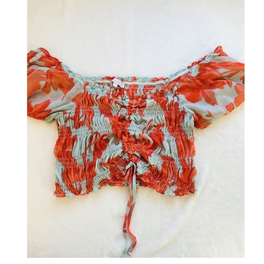 Olivaceous Anthropologie Floral Crop Top Large Orange Blue Euro Summer Coquette - Picture 3 of 8